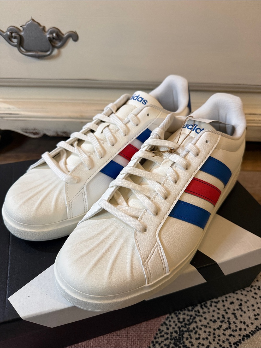 Adidas Men’s White StreetTalk Sneakers with Blue and Red Stripes